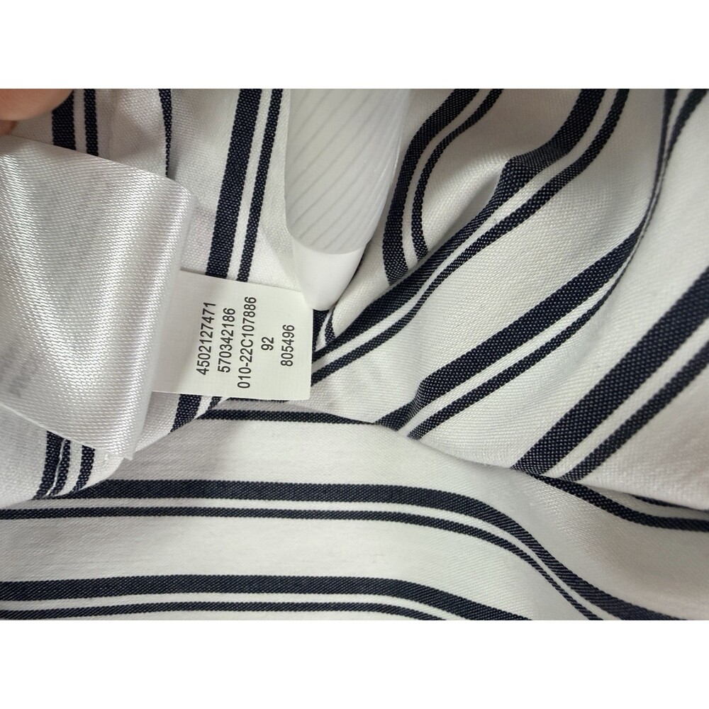Chicos Size 2 White Navy/Grey Stripe Ruffle Cuff Blouse Open Collar EUC - Picture 6 of 6